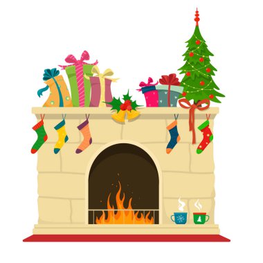 Yeni yıl geleneksel şömine. Çorap, sıcak kupalar, noel ağacı ve hediyeler gibi süslemeleri ile Noel kahverengi tuğla şömine. Yalıtılmış Vektör Çizimi.