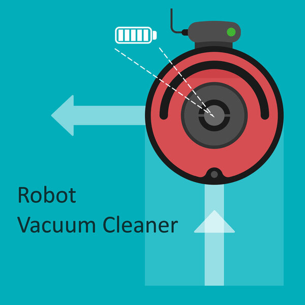A robot vacuum cleaner on a charge with a full battery and driving route. Vector illustration in cartoon flat style.