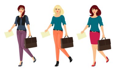 Bir evrak çantası ve kağıtları ile güzel ve zarif iş kadını. Karikatür tarzında vektör illüstrasyon. Beyaz arka planda yalıtma.