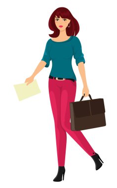 Bir evrak çantası ve kağıtları ile güzel ve zarif iş kadını. Karikatür tarzında vektör illüstrasyon. Beyaz arka planda yalıtma.