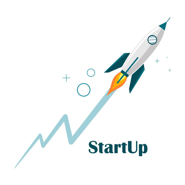 Start concept with a takeoff rocket. Vector illustration in cartoon flat style on a white background. Startup