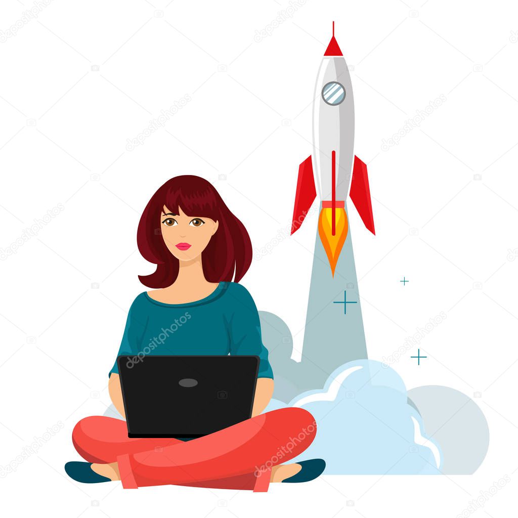 A girl sits on the floor and works at a computer on a startup project. Vector illustration in cartoon flat style. Startup business concept.