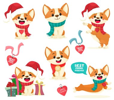 Yavru köpekler Corgi Set. Noel Corgi yavruları, madalyonlar, hediyeler. Şirin köpek yavrusu çizgi filmlerdeki gibi izole edilmiş. Vektör illüstrasyonu.