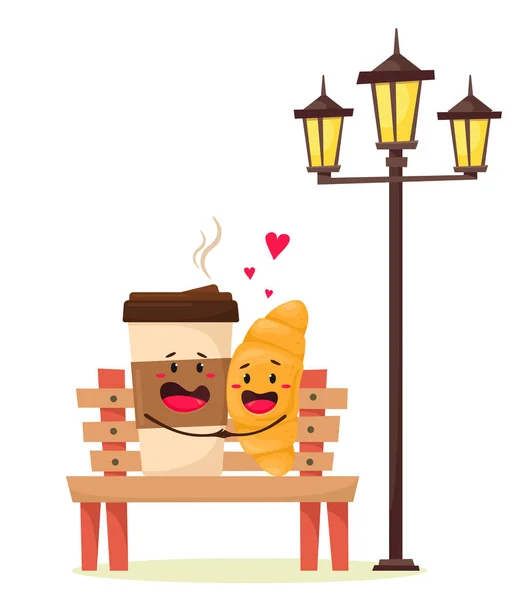 紙コップの中のフランスのクロワッサンとコーヒーは 街灯の下のベンチに座ってかわいいです 漫画のフラットスタイルでベクトルイラスト ロマンス — ストックベクタ