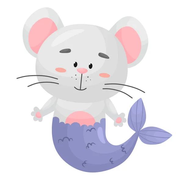 Cute Gray Mouse Mermaid Mouse Vector Illustration Cartoon Flat Style — Stock Vector