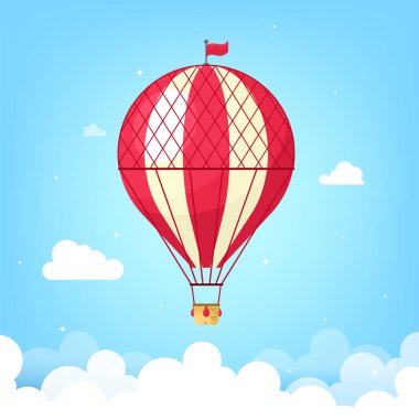 Gökyüzünde uçan bir sepetli klasik retro balon. Çizgi film düz stiliyle vektör illüstrasyonu.