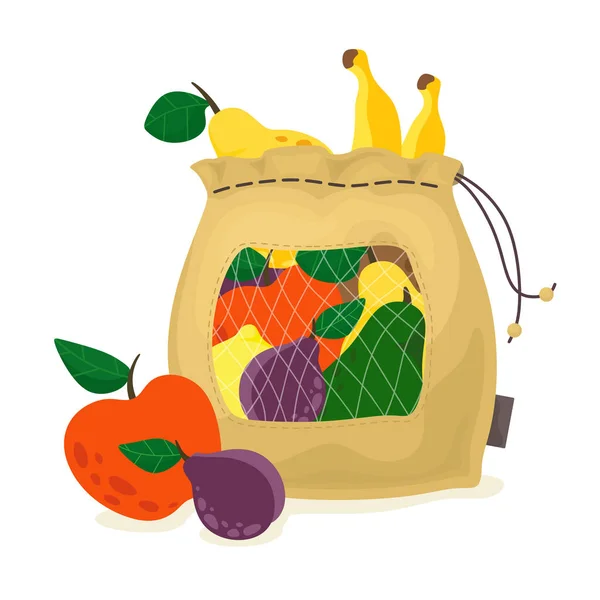 Bolsa Ecológica Frutas Vector Aislado Estilo Plano Dibujos Animados Dile — Vector de stock