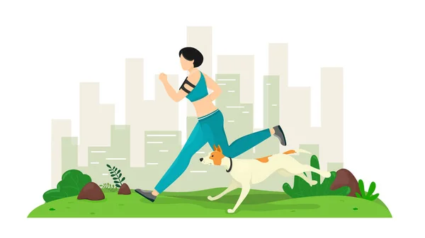 Mädchen Läuft Mit Hund Park Sport Laufen Mit Einem Haustier — Stockvektor
