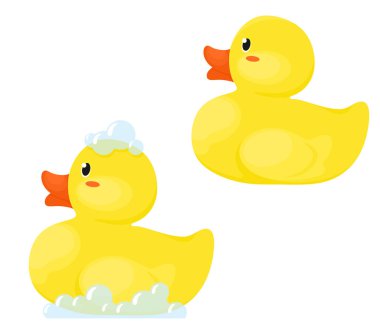 Sabunlu köpüklü ve köpüksüz plastik ördekler. Vektör beyaz arkaplan üzerinde çizgi film düz bir şekilde izole eder.