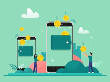 Dünya vektör illüstrasyonu, sikkeler ve kredi kartları, para transferi, kablosuz, cep telefonu işlemleri yoluyla cep telefonu ile para transferi. Çizgi film düz stiliyle vektör illüstrasyonu.