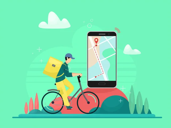 익스프레스 서비스 자전거 캐릭터에 패키지와 모바일 앱으로 스마트폰 Gps를 이용한 — 스톡 벡터