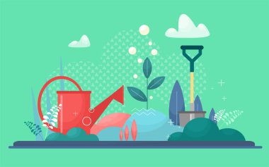 Bahçıvanlık vektör çizimi. Bitkiler için bakım ve sulama kavramı. Çiçekler, bitkiler, yabani otlar, süs bitkileri. Tarım, bahçıvanlık ve tarım kavramı. Çizgi film düz