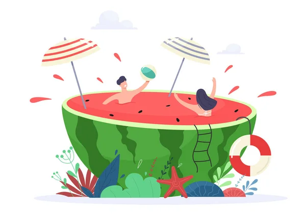 Zomer Vakantie Vibe Vector Concept Illustratie Kleine Mensen Genieten Van — Stockvector