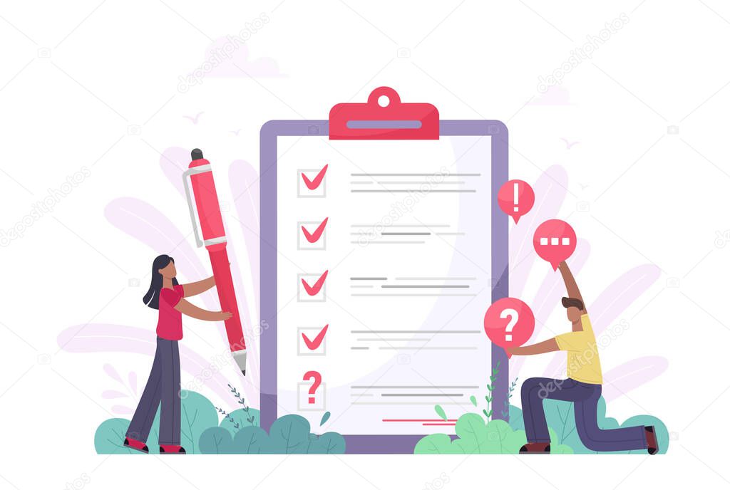 Survey vector illustration. Flat mini persons concept with quality test and satisfaction report. Feedback from customers or opinion form. Client answers understanding with professional research team