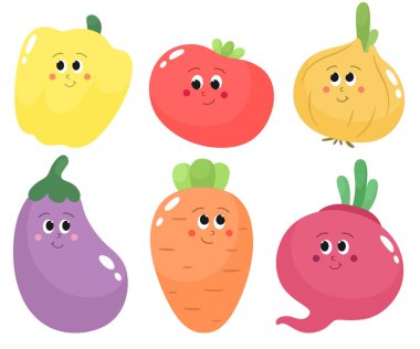 Tatlı çizgi film sebzeleri. Domates, patlıcan, havuç, soğan, pancar, kırmızı biber. Çizgi film düz stiliyle vektör izole eder.