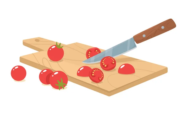 Cortar Tomates Cherry Con Cuchillo Corte Molienda Manual Ingredientes Orgánicos — Vector de stock