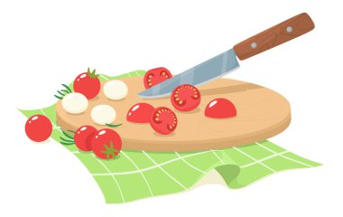 Mozzarella ve biberiye yapraklı dilimlenmiş kiraz domatesleri. Dilimlenmiş kiraz domatesleri. Düz biçimli vektör illüstrasyonu.