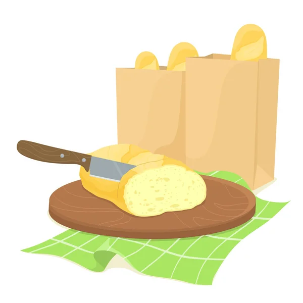 Cuchillo Para Cortar Pan Una Tabla Madera Con Bolsas Papel — Vector de stock