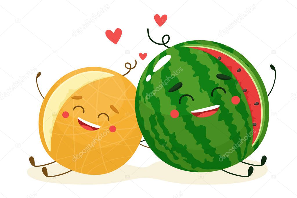Cute watermelon and melon together. Happy fruits. Vector illustration in cartoon flat style.