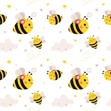 Şirin uçan arılarla kusursuz desen. Çizgi film düz biçimli vektör deseni.
