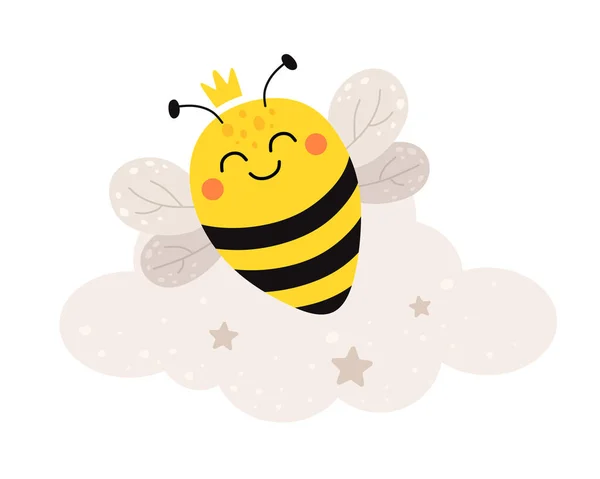 可爱的小蜜蜂公主睡在云彩上 卡通平面风格的矢量图解 — 图库矢量图片