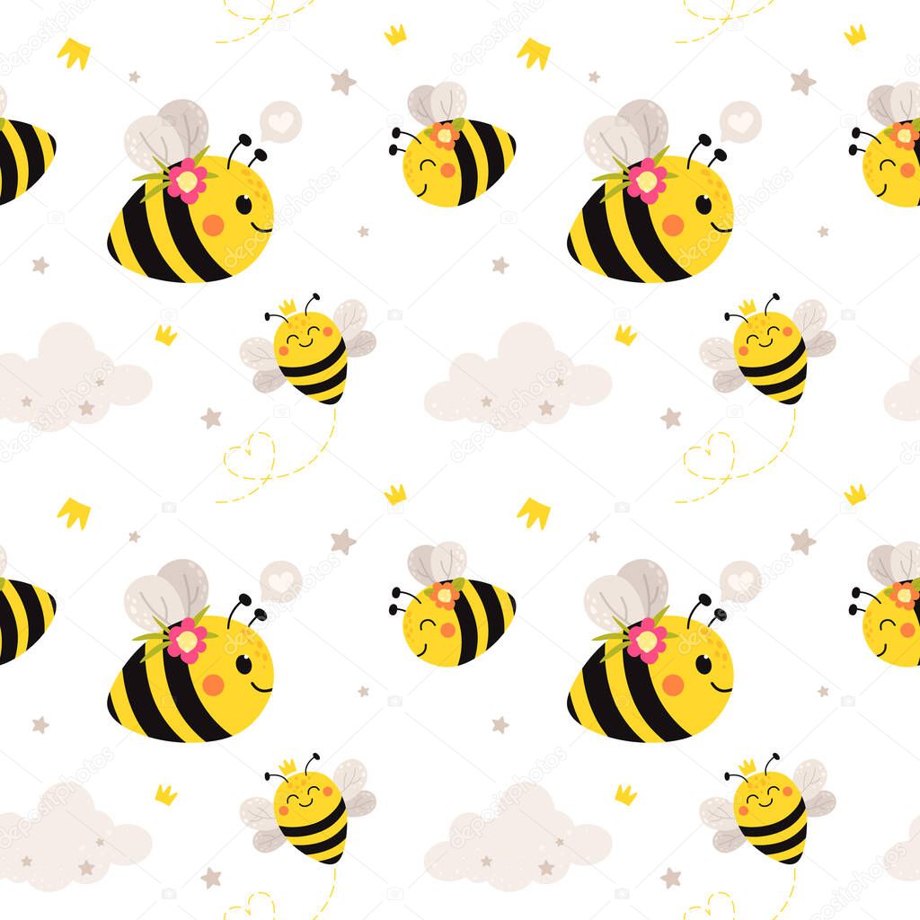 Seamless pattern with cute flying bees. Vector pattern in cartoon flat style.