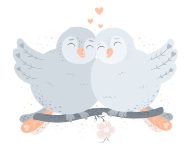 Aşık tatlı kuşlar. İskandinav tarzında vektör illüstrasyonu.