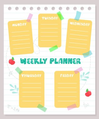 Okul çocukları için haftalık planlamacı. Çizgi film düz stiliyle vektör illüstrasyonu. Okula geri dön..