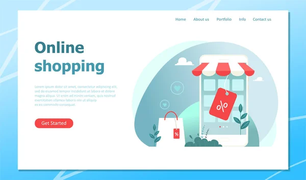 Shopping Online Landing Page Con Illustrazione Concettuale Illustrazione Vettoriale Stile — Vettoriale Stock