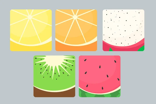 Set Fruits Cut Fruit Buttons Icons Watermelon Dragon Fruit Kiwi — Stock Vector