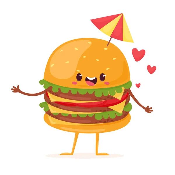 Şemsiyeli Neşeli Çok Katlı Xxxl Burger Çizgi Film Tarzında Vektör — Stok Vektör