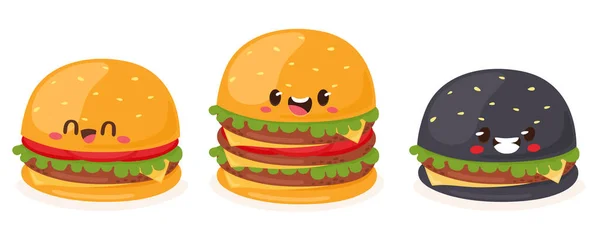 Burger Set Classic Hamburguesa Hamburguesa Negra Xxxl Layered Burger Ilustración — Vector de stock