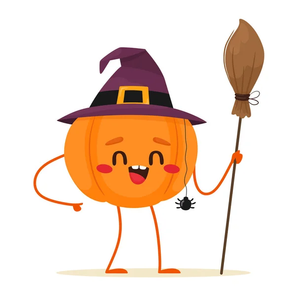 Joyful Cute Halloween Pumpkin Witch Broom Hand Happy Halloween Vector — Stock Vector