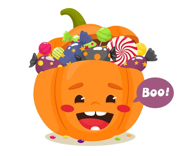 Glada Halloween Pumpa Fylld Med Sötsaker Vektor Illustration Platt Tecknad — Stock vektor