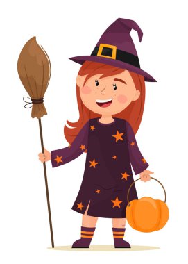 Süpürgeyle gezen küçük cadı. Mutlu Cadılar Bayramı. Çizgi film tarzında vektör illüstrasyonu.