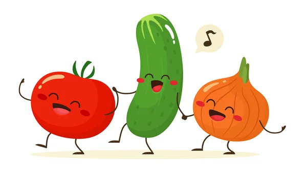 愉快的西红柿 黄瓜和洋葱手牵着手走在一起 永远的朋友平面卡通风格的矢量插图 — 图库矢量图片