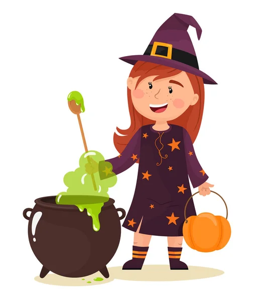 Little Witch Brewing Potion Happy Halloween Vector Illustration Flat Cartoon — Stock Vector