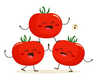 Neşeli domatesler birlikte şarkı söylüyorlar. Çizgi film tarzında vektör illüstrasyonu.