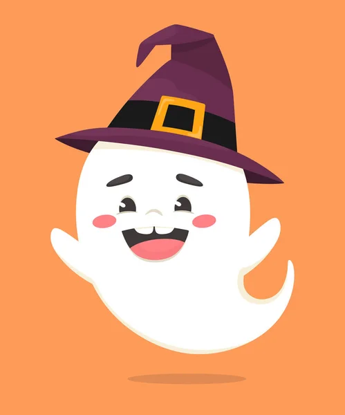 Cheerful Kind Ghost Witch Cap Halloween Holiday Vector Illustration Flat — Stock Vector