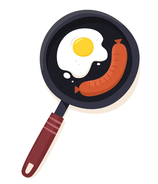 Sartén Con Huevo Salchicha Desayuno Mañana Ilustración Vectorial Estilo Plano — Vector de stock