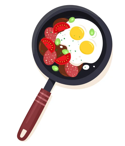 Huevos Salchichas Con Tomates Hierbas Una Sartén Desayuno Ilustración Vectorial — Vector de stock