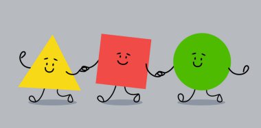 Geometrik şekiller üçgen, kare ve daire birlikte gider. Çizgi film tarzında neşeli figürler. Vektör illüstrasyonu.