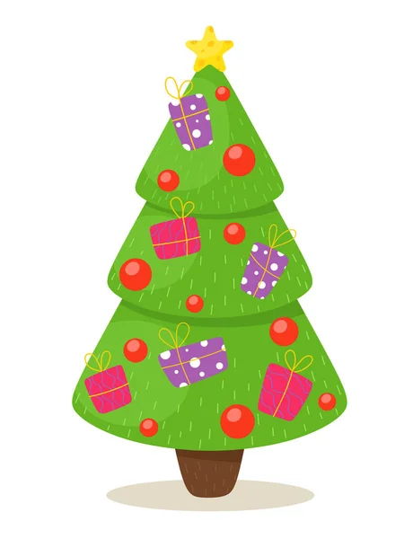 Χριστουγεννιάτικο Δέντρο Διακοσμητικά Δώρα Εικονογράφηση Διάνυσμα Επίπεδη Στυλ Κινουμένων Σχεδίων — Διανυσματικό Αρχείο