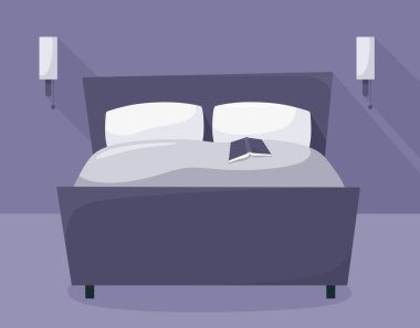 Teçhizatlı bir gece odası. Kitaplı yatak. Düz biçimli vektör illüstrasyonu.