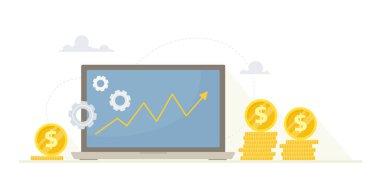 Bilgisayar ekranındaki gelir artışı grafiği. Düz biçimli vektör illüstrasyonu.