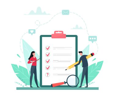 Araştırma vektör illüstrasyonu. Kalite testi ve memnuniyet raporlu düz mini insanlar konsepti. Müşterilerden geri bildirim ya da görüş formu. Müşteri anlayışa profesyonel araştırma ekibiyle cevap verir