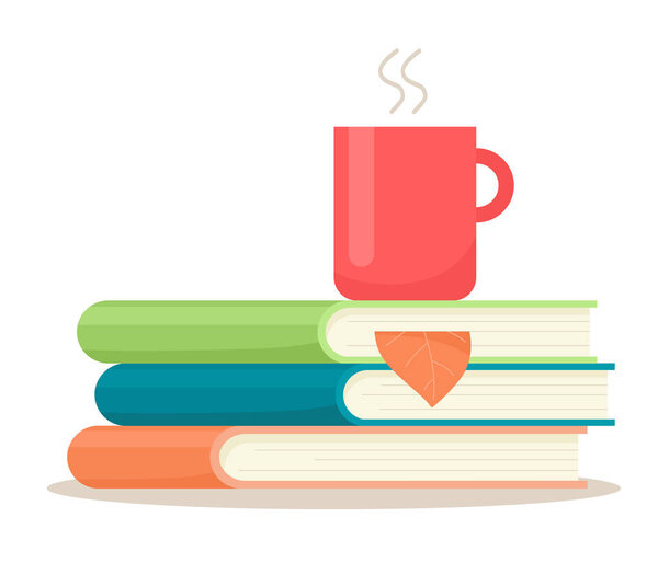 A stack of books with a mug of drink and an autumn leaf in a bookmark. Vector illustration in flat style.