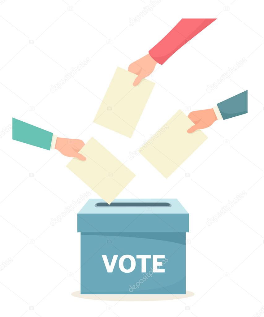 Hands throw votes into the ballot box. Vote. Vector illustration in flat style.