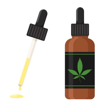 Bir şişe kenevir yağı ve bir damlatıcı. Düz biçimli vektör illüstrasyonu.
