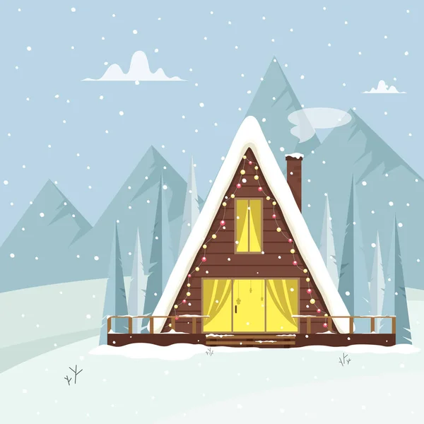 Zimní Krajina Útulným Domem Horách Vánoční Svátky Vektorová Ilustrace Plochém — Stockový vektor